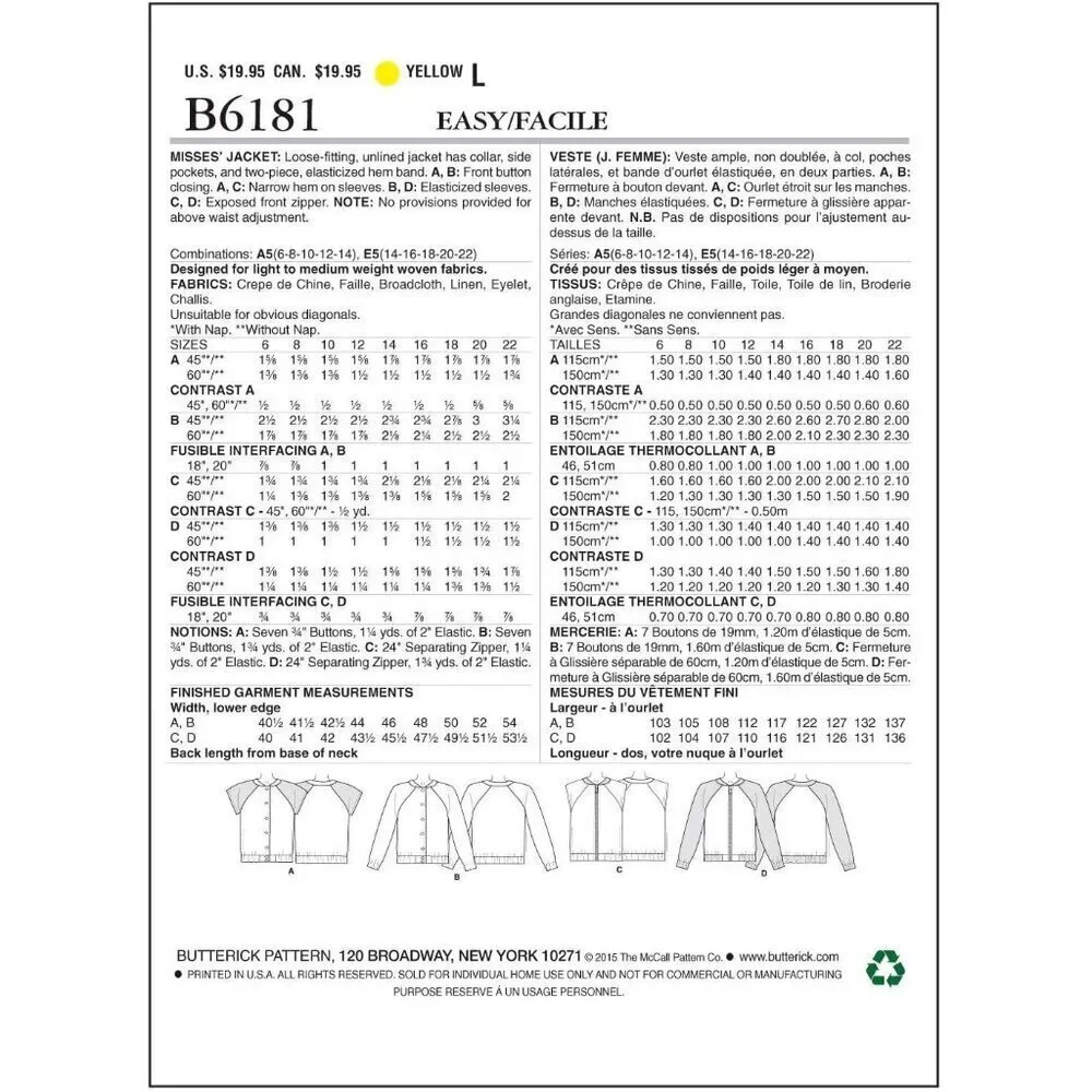 Butterick‎ Sewing Pattern 6181 Jacket Misses Size 6-14